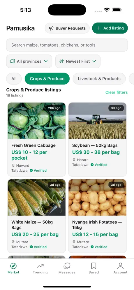 Pamusika marketplace home screen